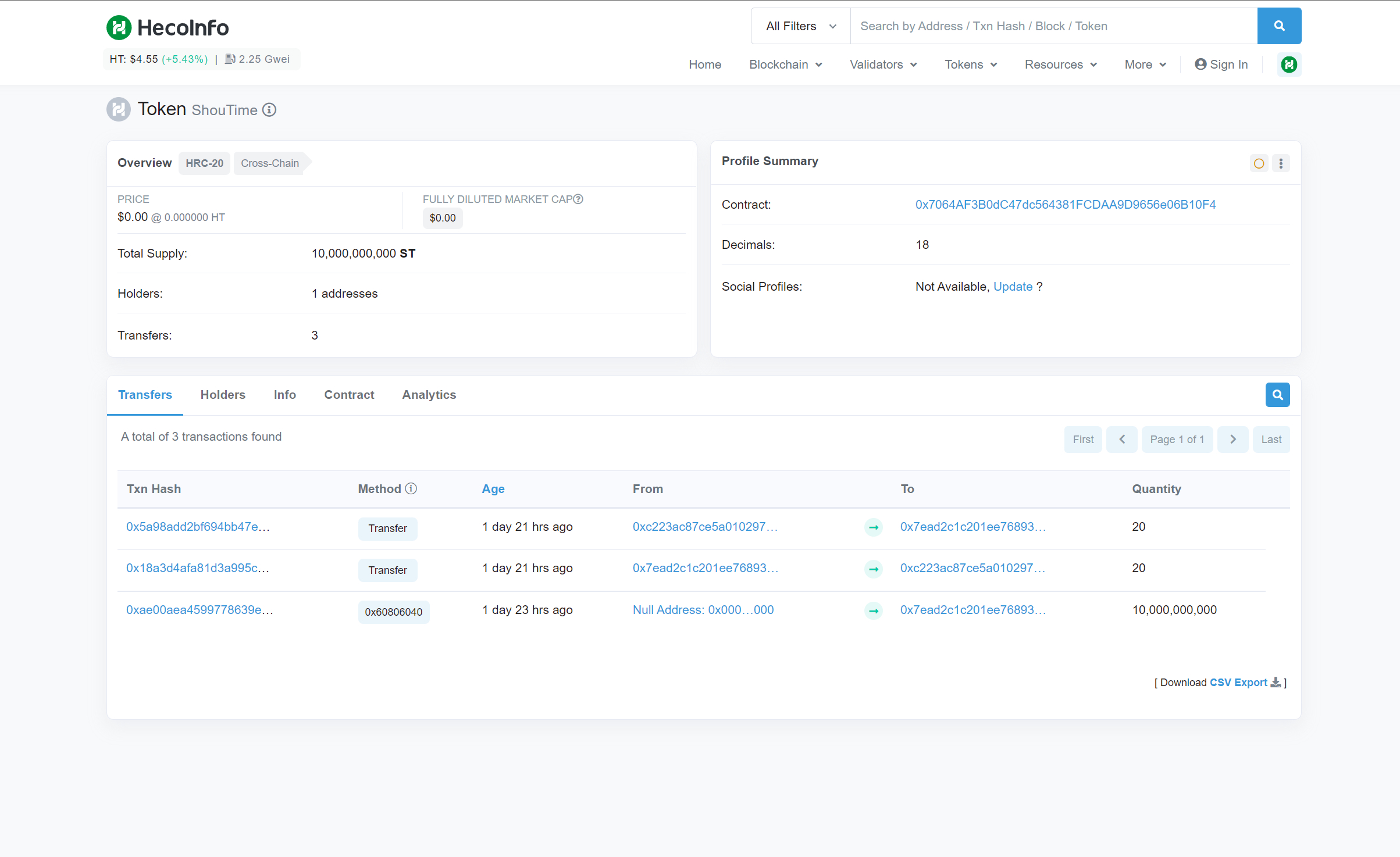 ShouTime (ST) Token Tracker | HecoInfo